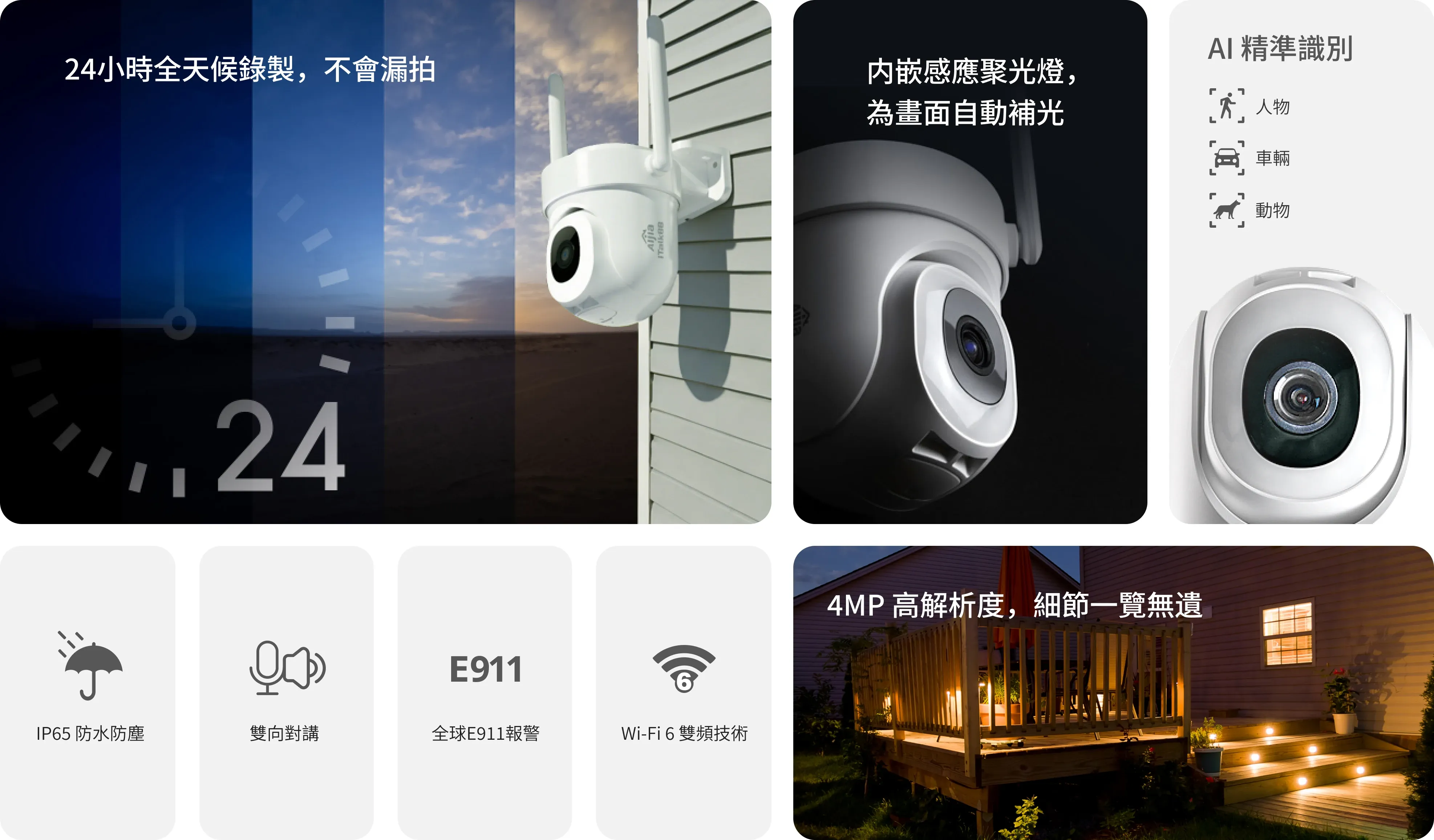 iTalkBB AIjia智能家居安防系統，提供24小時全天候錄制、AI人形識別、2K高清分辨率、雙向對講和全球E911報警功能。