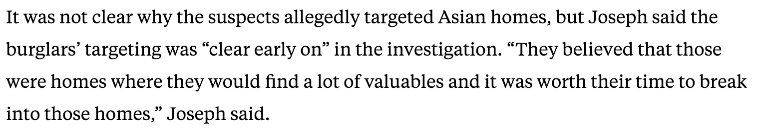 盜竊犯因亞裔喜歡在家裡存放貴重物品和現金,而成為下手目標